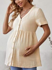 SHEIN Maternity V Neck Button Up Blouse - Khaki - View 1
