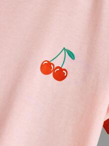 SHEIN 少女針織櫻桃印花撞色口袋綁帶短袖休閒t恤 - 淺粉色 - 查看 4