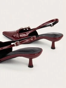 Wedding Party Sexy Burgundy Patent Leather Pointed Toe Metal Buckle Strap Stiletto High Heels - Burgundy - View 4
