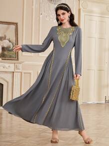 Al Najma Women's Woven Straps Splicing Dress, Modest - Grey - View 7