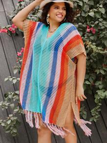 SHEIN Clasi Plus Size Women's Colorful Striped Hollow Out Knitted Sweater Dress - Multicolor - View 6