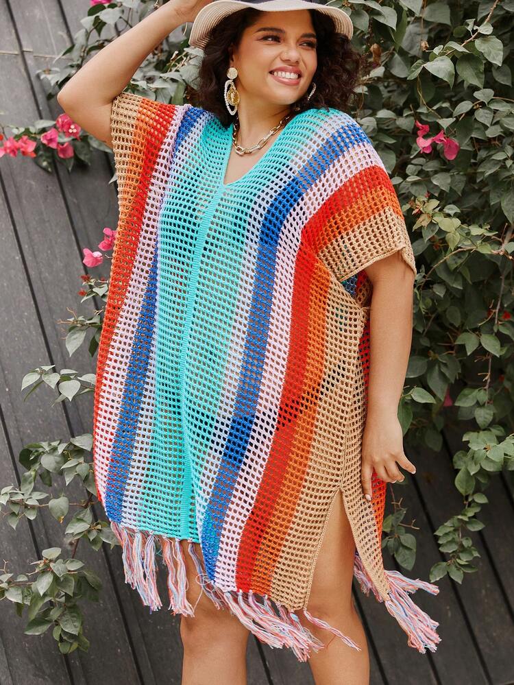 Plus Size Women's Colorful Striped Hollow Out Knitted Sweater Dress