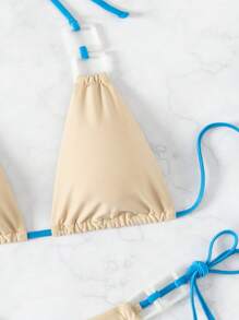 SHEIN Swim 女士色塊頸後系三角泳裝,細繩細節設計,方形環環相扣的兩件式泳衣,適用於海灘度假 - 卡其色 - 查看 5