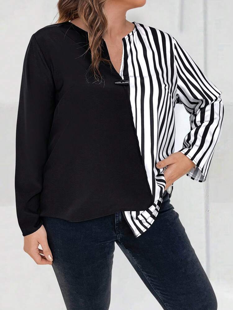 Plus Striped Print Asymmetrical Hem Blouse