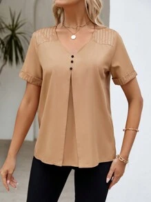 SHEIN LUNE Women's V-Neck Short Sleeve Shirt - Apricot - View 3