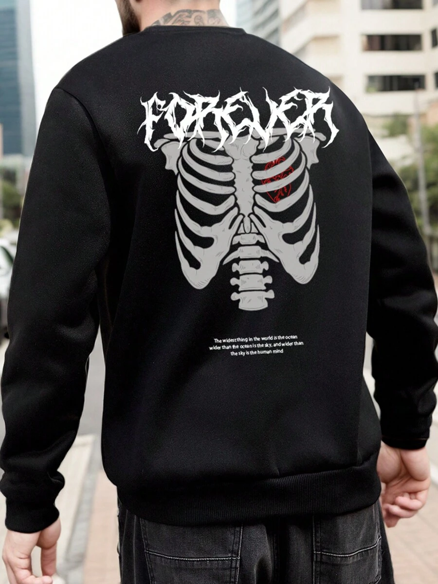 Manfinity LEGND Plus Size Men's Skeleton Print Round Neck Sweatshirt - Black - View 1