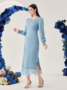 Modelyn Embroidered Patchwork Split Feather Hem Dress Long Evening Dresses Fall Cloth For Women - Blue - View 3
