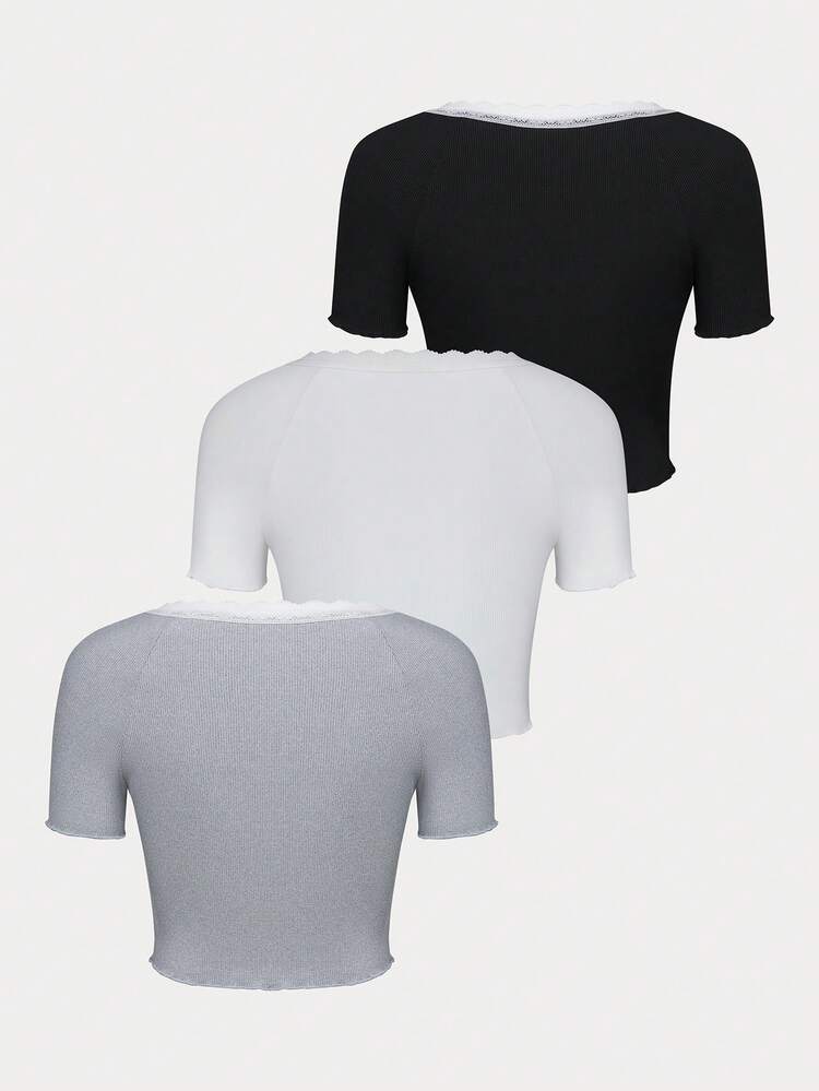 Lace & Floral Hem Gathered T-Shirt For Women