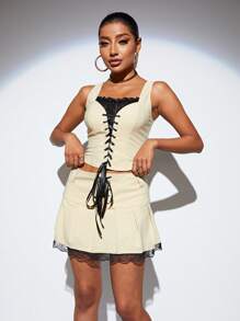 Chiquease Contrast Color Lace Patchwork Cross Tie Two-Piece Set - Apricot - View 4