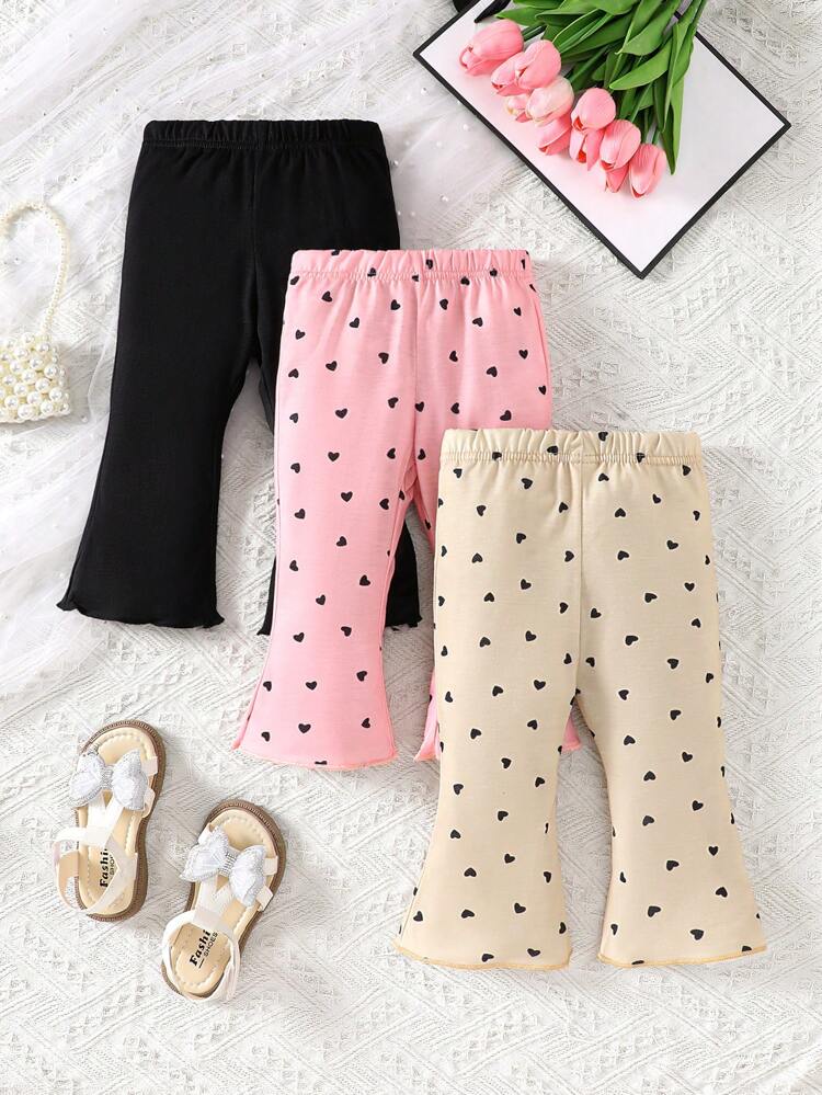 Baby Girl Heart Printed Flared Pants With Lettuce Trim