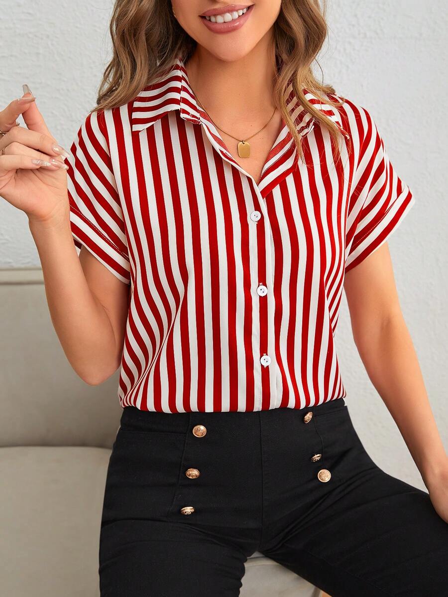 SHEIN Frenchy Striped Print Batwing Sleeve Shirt Christmas Red Summer New Year