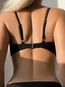 Swim SXY Summer Women's Solid Color Wire-Free Bra And Knot Side Triangle Bikini Bottom Set Carnival - Black - View 5