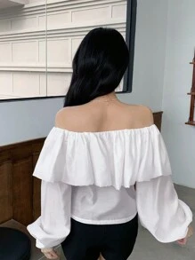 DAZY Solid Color Off-Shoulder Ruffle And Lantern Sleeve Women's Shirt,Off Shoulder Top Long Sleeve Top Going Out Tops - White - View 2