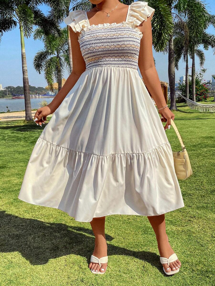 SHEIN SunnyBelle Hai lớp Ruffle Dây đeo Gầy Nếp uốn Kích thước lớn Đầm - Màu be - Xem 1