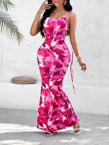 SHEIN Slayr Colorful Printed Sexy Backless Mermaid Style Long Strappy Cami Dress - Pink - View 3