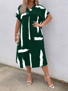 SHEIN LUNE Váy cổ chữ V tay ngắn in họa tiết cỡ lớn - màu xanh lá - Xem 3