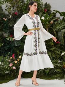 Al Najma 女式刺繡拼接v領衫袖a字裙 - 白色 - 查看 5