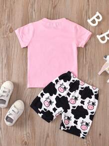 SHEIN Young Girl Cow Print Tee & Shorts Set - Multicolor - View 2
