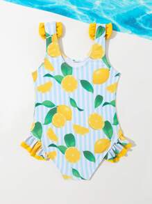 SHEIN Young Girls' Lemon Pattern One-Piece Swimsuit With Ruffle Trim And No Bound Edges - Multicolor - View 2