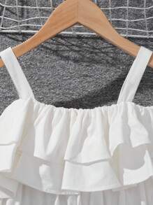 SHEIN Leap Crew Tween Girls' Double Layered Ruffle Hem Cami Top With Belted Uneven Hem Shorts Featuring Pocket, Bead & Tassel Decor Set