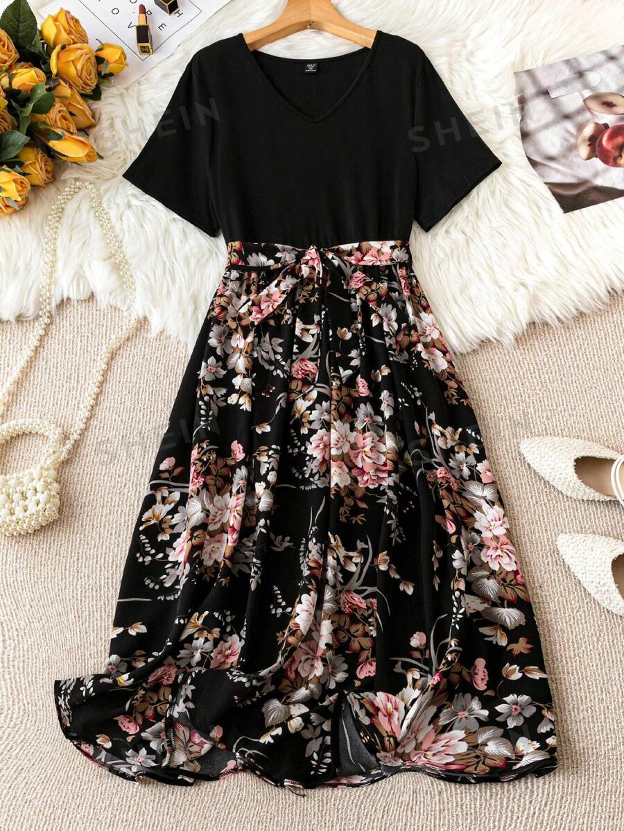 SHEIN LUNE Vestido de talla grande para mujer con estampado floral y manga corta, conjunto de verano - Negro - Ver 1