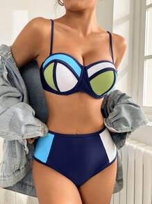 SHEIN Swim Bộ đồ bơi Colorblock mùa hè cho nữ có dây mảnh Carnival - Nhiều màu - Xem 4