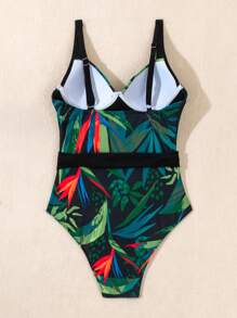 SHEIN Swim Traje De Baño De Una Pieza Para Mujer Con Estampado De Plantas Y Parches, Con Cinturón De Cintura Desmontable Con Anillo Para El Verano, Playa, Vacaciones, Viajes, Festivales, Piscinas Y Surf