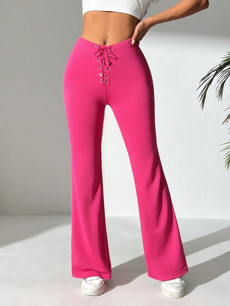 SHEIN PETITE Women's Flared Trousers With Drawstring Waist - Pink - View 1