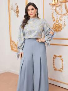Modelyn Plus Size Women's Stand Collar Top And Wide Leg Pants Set With Gold Foil Print - Multicolor - View 7