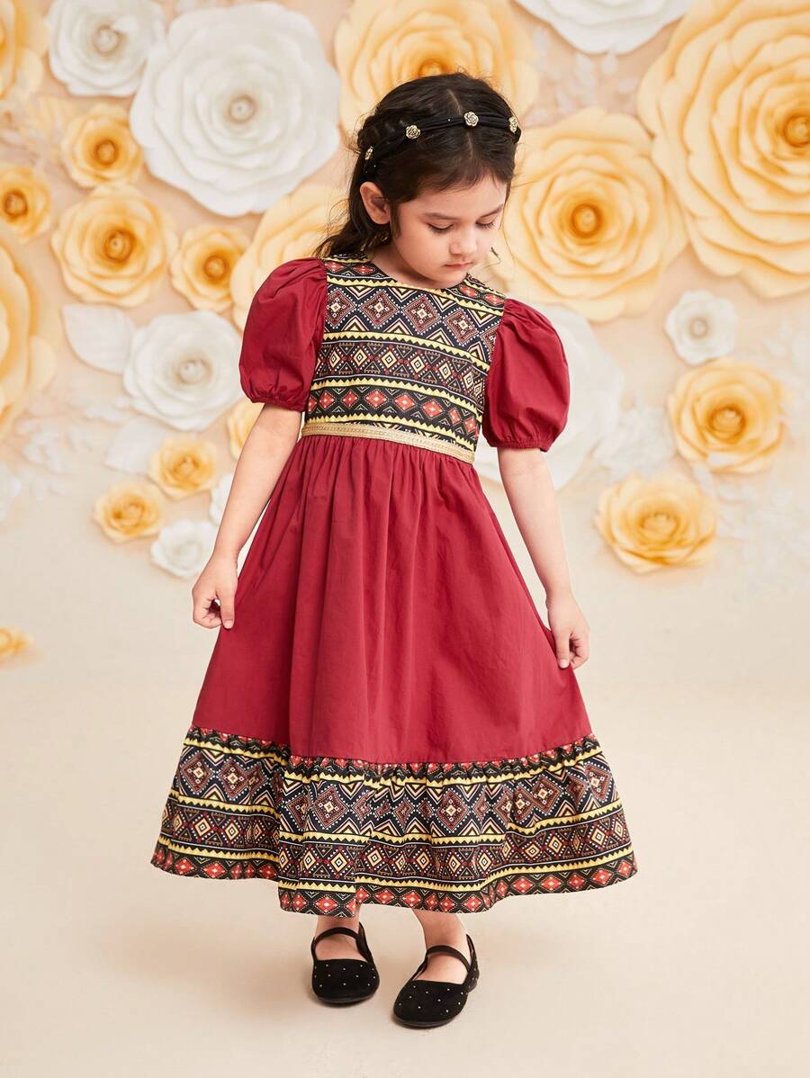 SHEIN Leap Crew Young Girls' Cute Holiday Printed Patchwork Round Neck Puff Sleeve Long Dress - Red - View 1