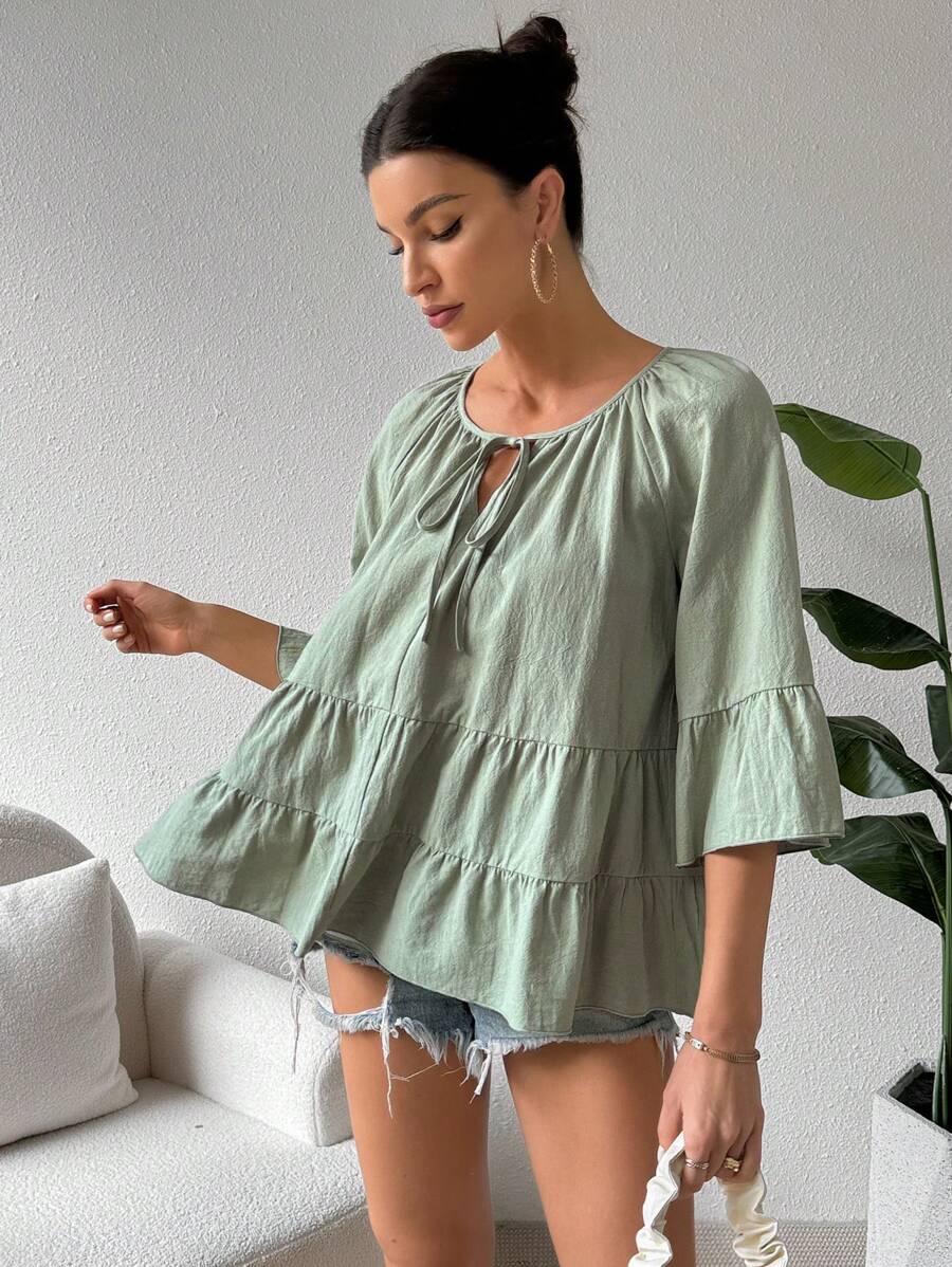 SHEIN Essnce 女士休闲度假薄荷绿色分层荷叶边袖彼得潘领亚麻衬衫夏季