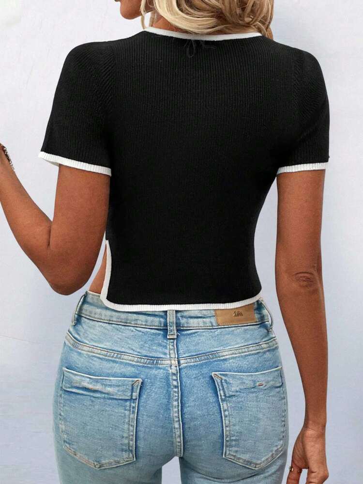 Women's Color Block Asymmetric Hem Knitted Sweater With Contrast Trim