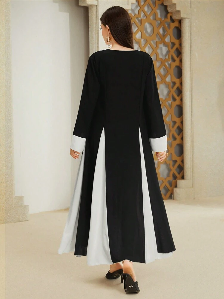 Women's Geometric Pattern V-Neck Long Sleeve Color Block Dress