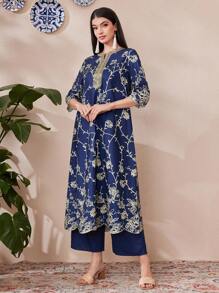 Divindia Women' Printed Kurta Set With Slit V-Neckline, Long Sleeve Top And Pants Style - Blue - View 5