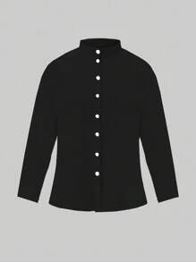 SHEIN LUNE Women's Plus Size Solid Color Long Sleeve Shirt Fall Cloth For Women - Black - View 1
