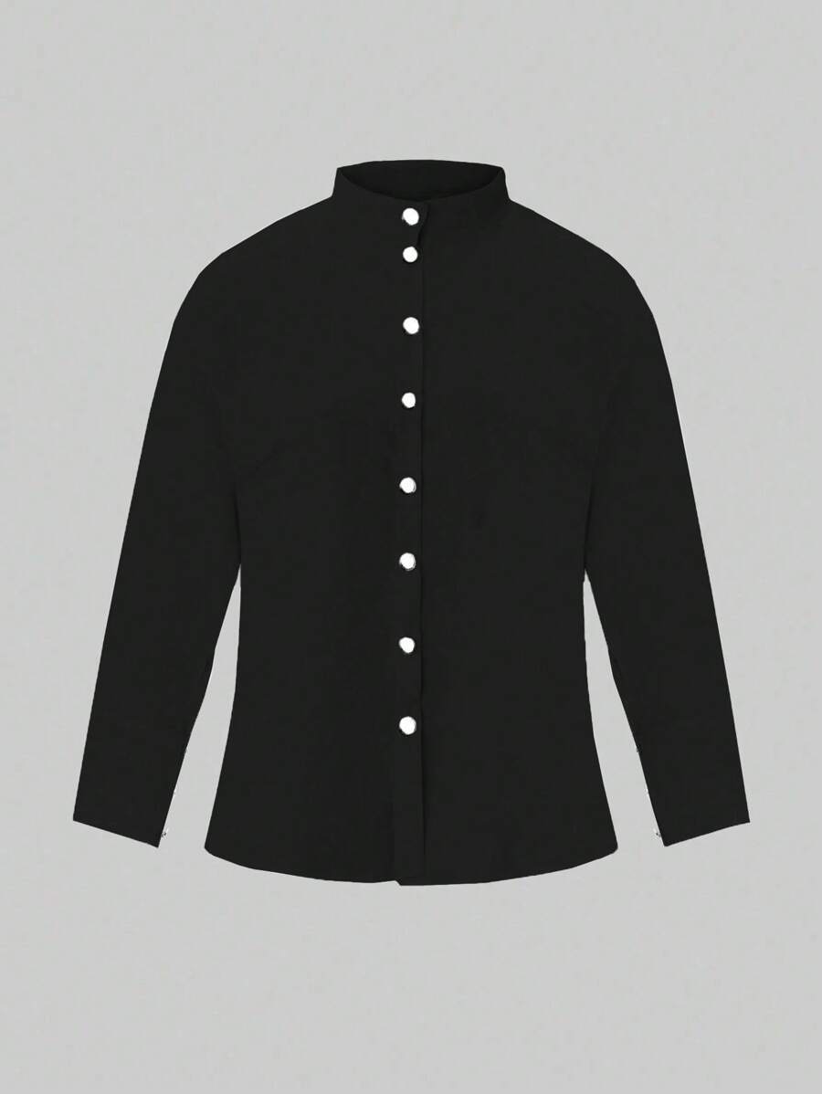 SHEIN LUNE Women's Plus Size Solid Color Long Sleeve Shirt Fall Cloth For Women - Black - View 1