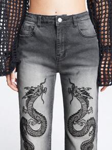 ROMWE Grunge Punk Của phụ nữ Rồng thêu Denim mùa giặt Denim Quần jean - màu đen - Xem 5
