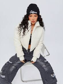 SHEIN Coolane Abrigo acolchado con cremallera para invierno - Blanco - Ver 6