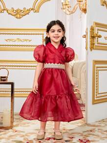 SHEIN 年輕女孩時尚刺繡泡泡袖A線連衣裙，搭配編織腰帶和透明紗領 - 酒紅色 - 查看 3