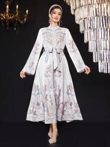 Al Najma Vestido Para Mujer Con Cuello Alto, Manga Larga Y Cinturón - Multicolor - Ver 6