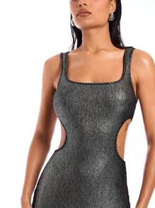SHEIN BAE Spring/Summer Square Neck Metallic Bodycon Dress With Silver Foil And Cutouts On Sides. Suitable For Festivals, Country Parties, Single Parties, Concerts, Daily Wear And Nightclubs. - Black - View 6