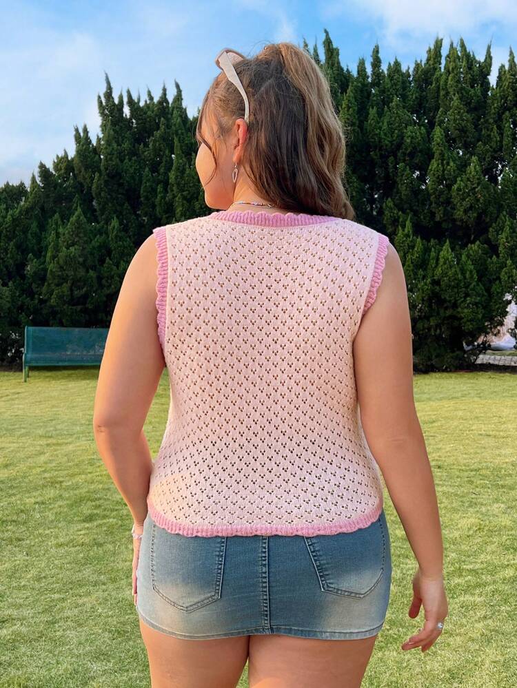 Plus Size Women's Pink Contrast Color Lace Trim Knit Top For Spring/Summer