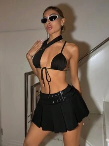 SHEIN ICON 緊身超低腰短裙,雙腰帶裝飾和褶皺