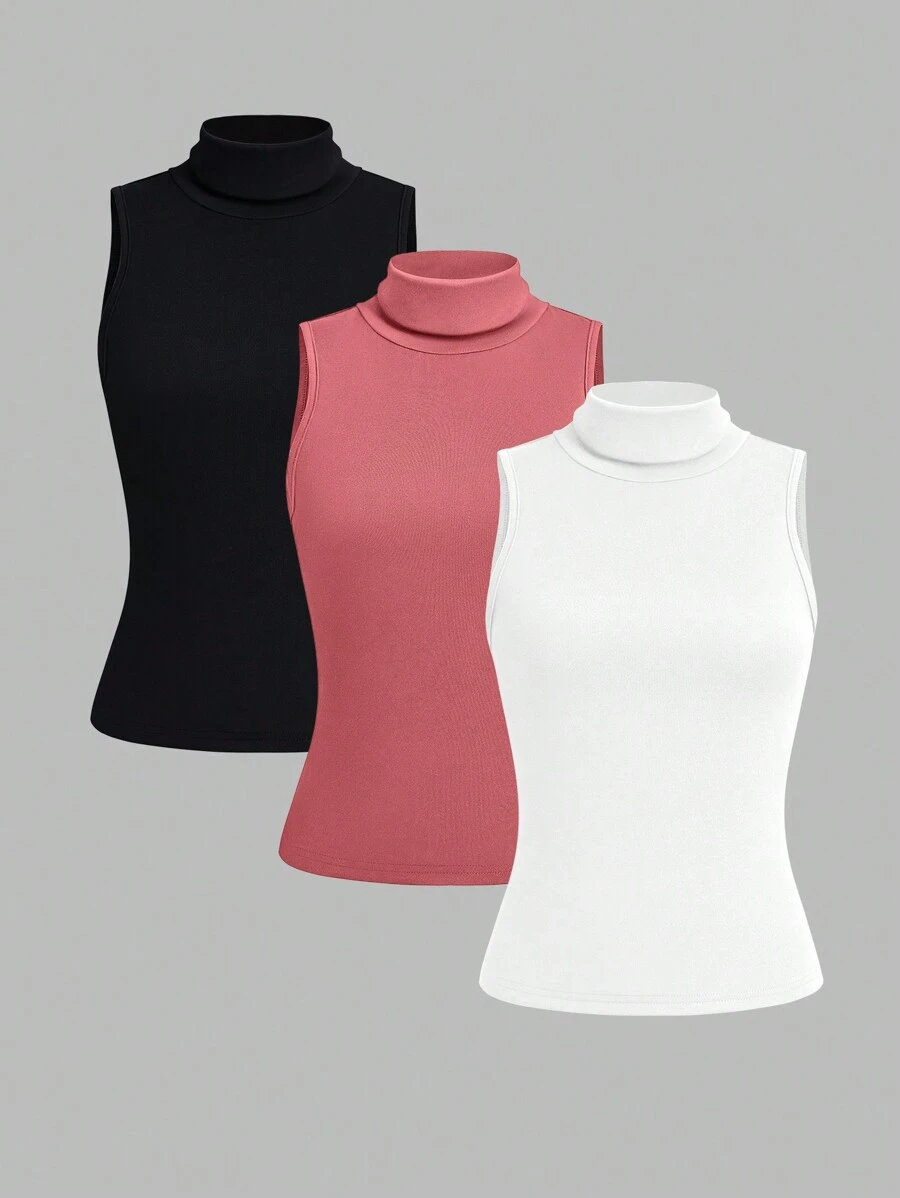 SHEIN LUNE 女式純色高領背心3入組 - 彩色 - 查看 1