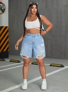 SHEIN EZwear 大尺碼女士牛仔短褲,附帶口袋 - 淺色水洗藍 - 查看 4
