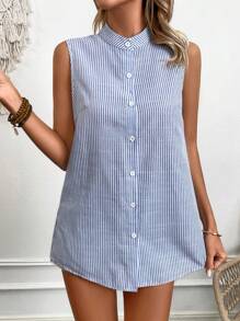 SHEIN VCAY 女款立領條紋無袖襯衫 - 藍白色 - 查看 5