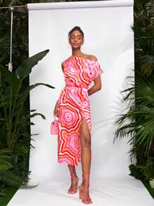 Debra Valencia Vestido asimétrico con estampado de geoda, abertura en el muslo y cuello, vestido de verano elegante para fiestas, cumpleaños, festivales, bodas, bailes de graduación