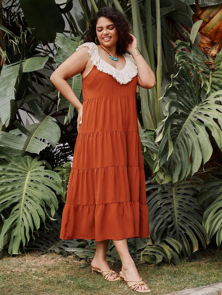 Plus Size Women's Fringe Edge Multi-Layer Ruffle Hem Dress