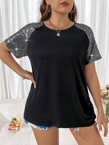 Flirla 大尺碼鑲嵌亮片圓領拉幾袖t卹 - 黑色 - 查看 5
