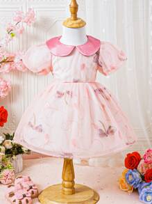 嬰兒女孩緞面領3d蜻蜓翅膀刺繡花朵洋裝,隱藏式拉鍊 - 彩色 - 查看 1